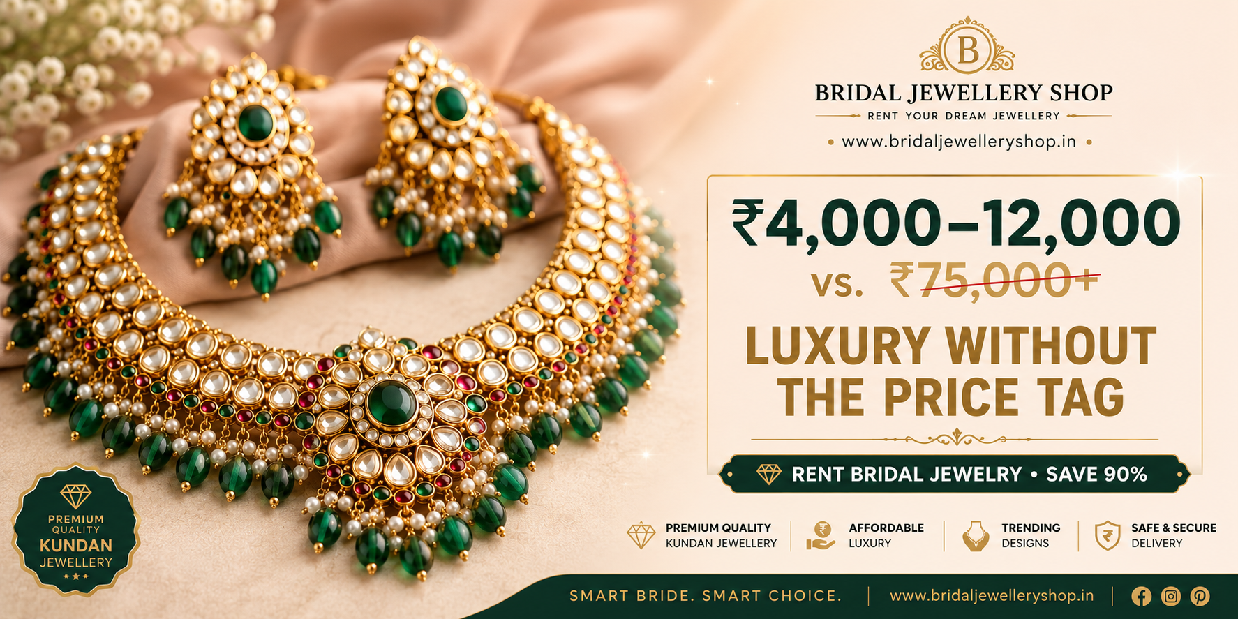 Affordable bridal jewelry rental - luxury kundan set with pricing